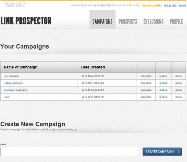 link prospector campaigns tab